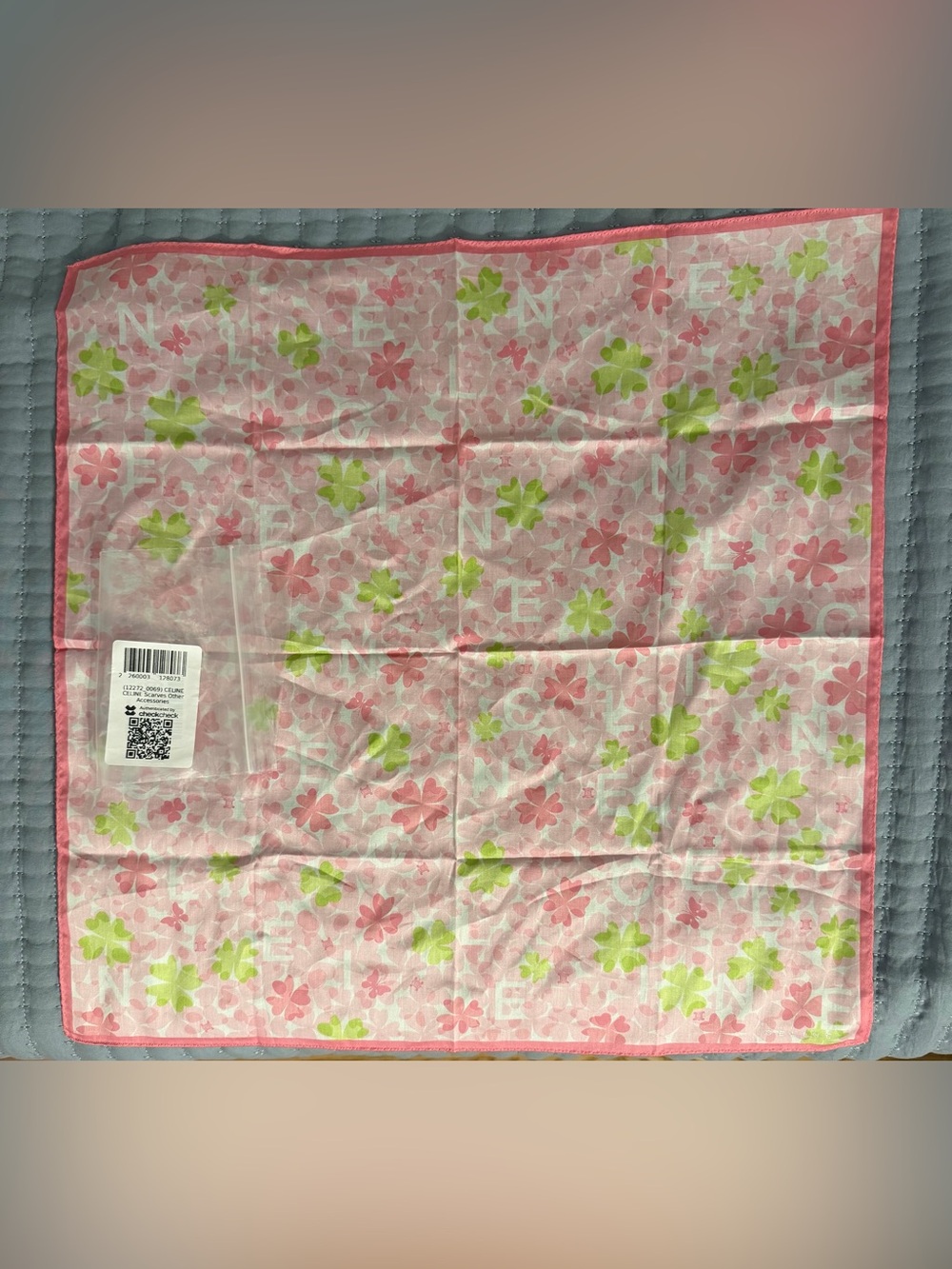 Celine Vintage Pink & Green 4 Leaf Clover Hankerchief Scarf